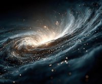 Spiral galaxy with glowing center and star particles in deep space cosmic scene for astronomy science fiction and universe exploration backgrounds.
