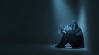 Silhouetted male professional in dark business suit sitting with glowing holographic bar chart display, representing data analysis, financial growth, and digital technology solutions for corporate presentations.