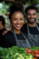 Young African American woman in denim apron smiling brightly while working at fresh produce counter with coworker in background, showcasing healthy vegetables.