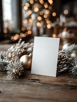 Blank white greeting card mockup with festive Christmas decorations, pine cones, ornaments and warm bokeh lights for holiday design projects.