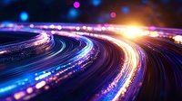 Glowing curved light trails with blue and orange streaks against dark background create dynamic motion effect for technology and communication designs.