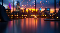 Blurred city skyline at dusk with colorful bokeh lights reflecting on glossy surface, creating dreamy urban nightscape with purple and orange sunset glow.