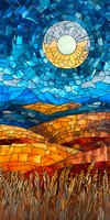 Mosaic style landscape with golden wheat field under bright sun and blue sky. Rolling hills in warm orange tones create depth while stained glass pattern adds artistic appeal.