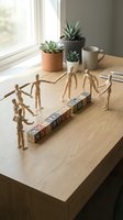 Wooden articulated figures arranged around alphabet blocks on desk with potted succulents and mug by window, representing teamwork and education.
