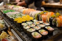 Fresh assorted sushi rolls and nigiri arranged on black stone plate, featuring salmon, tuna, cucumber, avocado and tobiko caviar in restaurant setting.