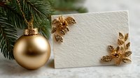 Elegant gold Christmas ornament with blank greeting card decorated with golden leaf accents beside pine branch for holiday celebration.