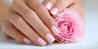 Elegant female hands with light pink manicure holding delicate rose flower on white background, showcasing nail care and beauty treatment results.