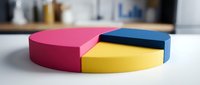 Colorful pie chart with pink, yellow and blue segments on white surface in modern office environment for business presentations and data visualization.