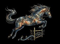 Watercolor jumping horse with ornate saddle leaping over a decorative fence, isolated on transparent background, for t-shirt design, stickers, print on demand, clipart.