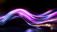 Glowing wavy lines with purple and blue neon light effects on black background, abstract dynamic motion design with bokeh and sparkle elements.