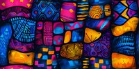 Vibrant abstract geometric pattern with tribal motifs in neon blue, pink, and orange colors. Modern ethnic design perfect for fabric prints, wallpaper, and digital backgrounds.