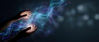 Human hands channeling electric blue energy streams with glowing particles against dark cosmic background for technology and power concepts.