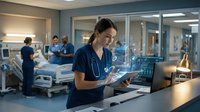 Young female healthcare professional using tablet in modern hospital ward with medical team working in background during patient care shift.