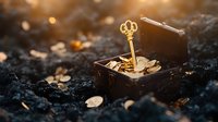 Vintage golden key resting on pile of coins in open wooden treasure chest at sunset, magical fantasy scene with bokeh light effects and dark background.
