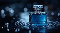 Elegant glass perfume bottle with blue liquid creating ripples in water surface against dark background with bokeh lights, luxury cosmetic product photography.