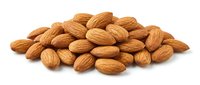 Heap of raw almonds isolated on white background, suitable for food packaging, nutrition labels, healthy snack marketing, and culinary design projects.