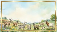 Watercolor goat herd grazing in pastoral meadow with rolling hills and wildflowers. Farm animals in countryside landscape for agricultural and rural themes.