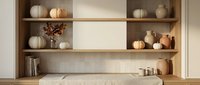 Modern kitchen shelving display with neutral pumpkins and ceramic pottery in warm beige tones for autumn home decor and seasonal interior design styling.