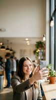 Young woman taking selfie with smartphone in modern cafe, smiling happily while capturing moment in trendy coffee shop with warm lighting and plants.