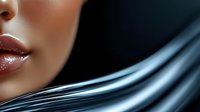 Close up of glossy lips with smooth flowing blue waves against dark background, artistic beauty and cosmetics concept for makeup and skincare advertising.