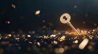 Golden vintage key lying on dark surface with magical glowing bokeh lights and sparkles creating mysterious atmospheric composition. Concept of success and opportunity.