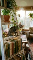 Curious tabby cat sitting on a rustic ladder bookshelf with plants and vintage books in a cozy sunlit bohemian living room.