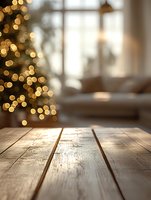 Rustic wooden table with blurred Christmas tree lights creating magical bokeh effect in cozy home interior, festive holiday background for product display.