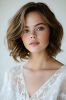 Young Caucasian woman with blue eyes and freckles wearing white lace dress, natural makeup, and wavy brown bob hairstyle against light background.
