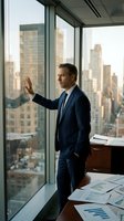 Confident middle-aged Caucasian businessman in navy suit looking out office window at urban skyline, hand on glass, executive leadership concept.