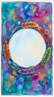 Colorful watercolor boho feather wreath frame with empty circle center on vibrant multicolor background for text or logo.