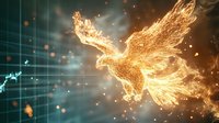Glowing golden phoenix rises from flames against dark background with stock market chart, sparks and light effects creating magical atmosphere.