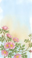 Watercolor illustration of pink roses with green foliage on soft blue and cream gradient background, isolated on white for greeting cards, invitations, and design projects.