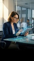 Professional businesswoman using tablet with holographic real estate data visualization in modern office environment for property investment analysis.