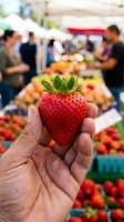 Fresh ripe strawberry held in hand at farmers market with blurred produce stand and shoppers in background. Ideal for food, agriculture, and market-related projects.