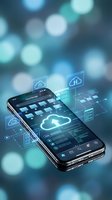 Smartphone displaying cloud computing interface with holographic icons and data visualization on blurred blue bokeh background for technology concepts.