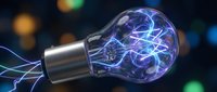 Electric lightbulb with glowing blue plasma energy inside, innovation concept for creative ideas and brainstorming solutions in modern technology design.