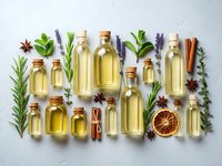 Essential oils collection in glass bottles with fresh herbs, spices and dried orange slice arranged on white textured background for aromatherapy and wellness.