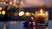 Glowing candle in decorative glass holder with purple tulips against blurred bokeh lights background creates romantic evening ambiance and warm atmosphere.