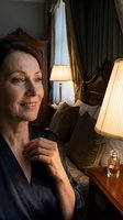 Mature Caucasian woman in elegant navy robe smiling warmly in luxurious hotel bedroom with vintage decor and soft lamp lighting creating intimate atmosphere.