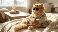 Adorable orange tabby cat wearing cozy sweater and sunglasses relaxing on knitted blanket with tea cup in bright sunny bedroom interior.