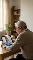 Senior Caucasian man having video call consultation with female doctor on tablet at home. Telemedicine healthcare technology for elderly patients.