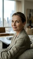 Confident mature businesswoman in beige blazer sitting in modern office with city skyline view, professional corporate executive portrait.