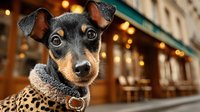 Young black and tan puppy wearing leopard print collar sitting outdoors with warm bokeh lights creating cozy evening atmosphere for pet care advertising.
