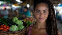 Young African American woman with dreadlocks smiling at farmers market, holding fresh vegetables in wicker basket against blurred market background.