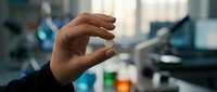 Close-up of a hand gesture in a laboratory setting with blurred scientific equipment and colorful liquid samples in background, representing research and discovery.
