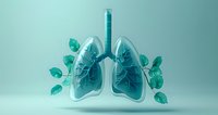 Creative medical concept showing transparent glass lungs with green leaves growing, symbolizing respiratory health and natural healing on mint background. Perfect for healthcare design.