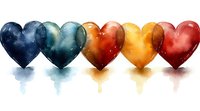 Watercolor hearts in rainbow colors arranged in row casting soft shadows, romantic artistic composition on white background for valentines cards and love designs.
