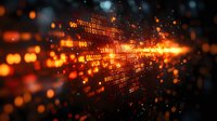 Digital binary code streaming with glowing orange light particles and bokeh effects against dark background, representing data flow and cyber technology.