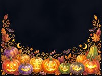 Carved jack-o-lantern pumpkins with autumn foliage and crescent moons on dark background. Isolated design element for Halloween invitations, greeting cards, and seasonal marketing materials.