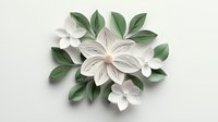 Delicate white paper flowers and green leaves arrangement on light background, handcrafted paper art composition with elegant floral design for wedding decor and celebrations.